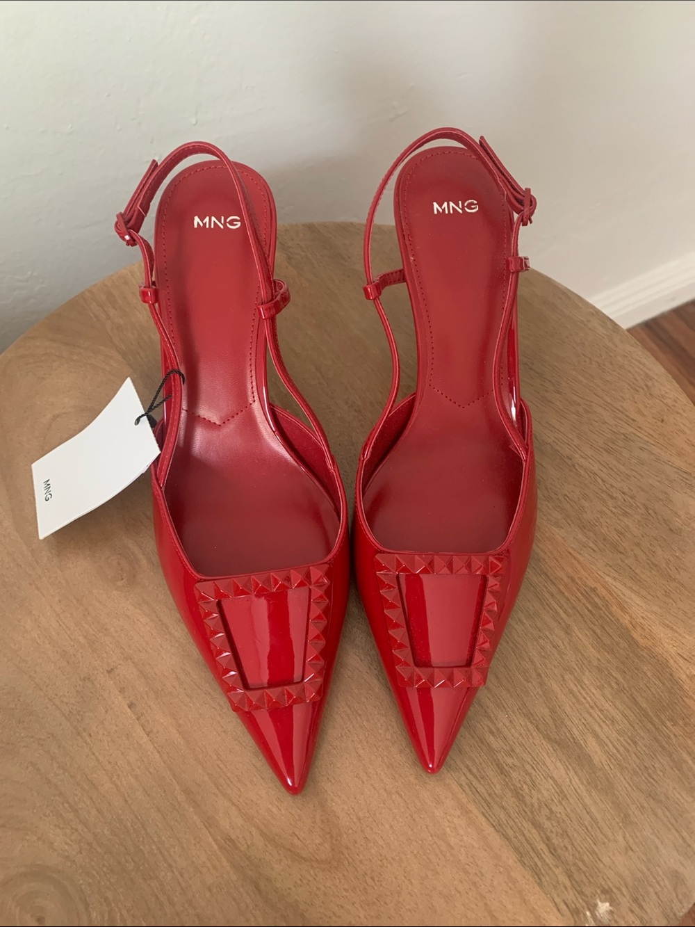 Mango Red Patent Pointed Slingback Pumps with Pyramid Studs - Picture 3 of 5